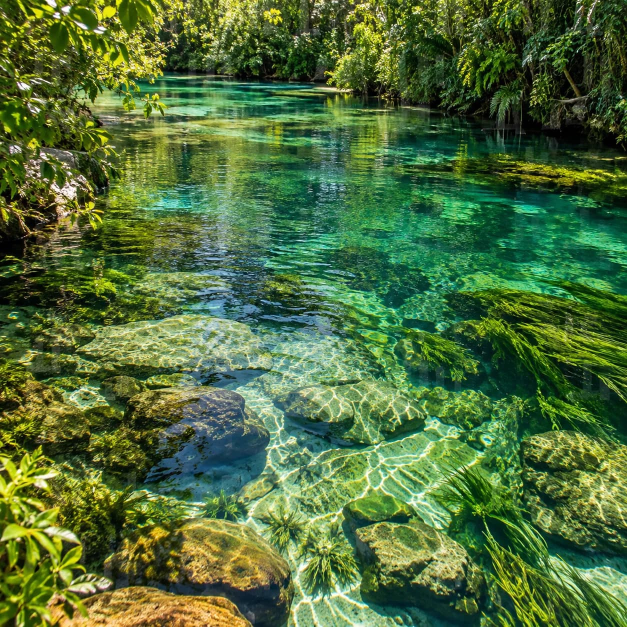 Rio de água cristalina entre pedras e vegetação