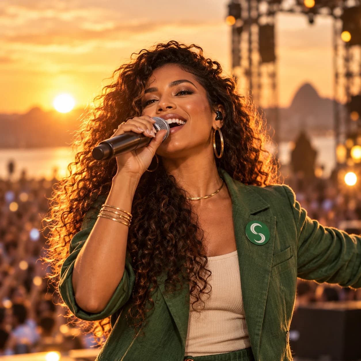 Cantora no palco ao pôr do sol, com o broche do Selo Verde