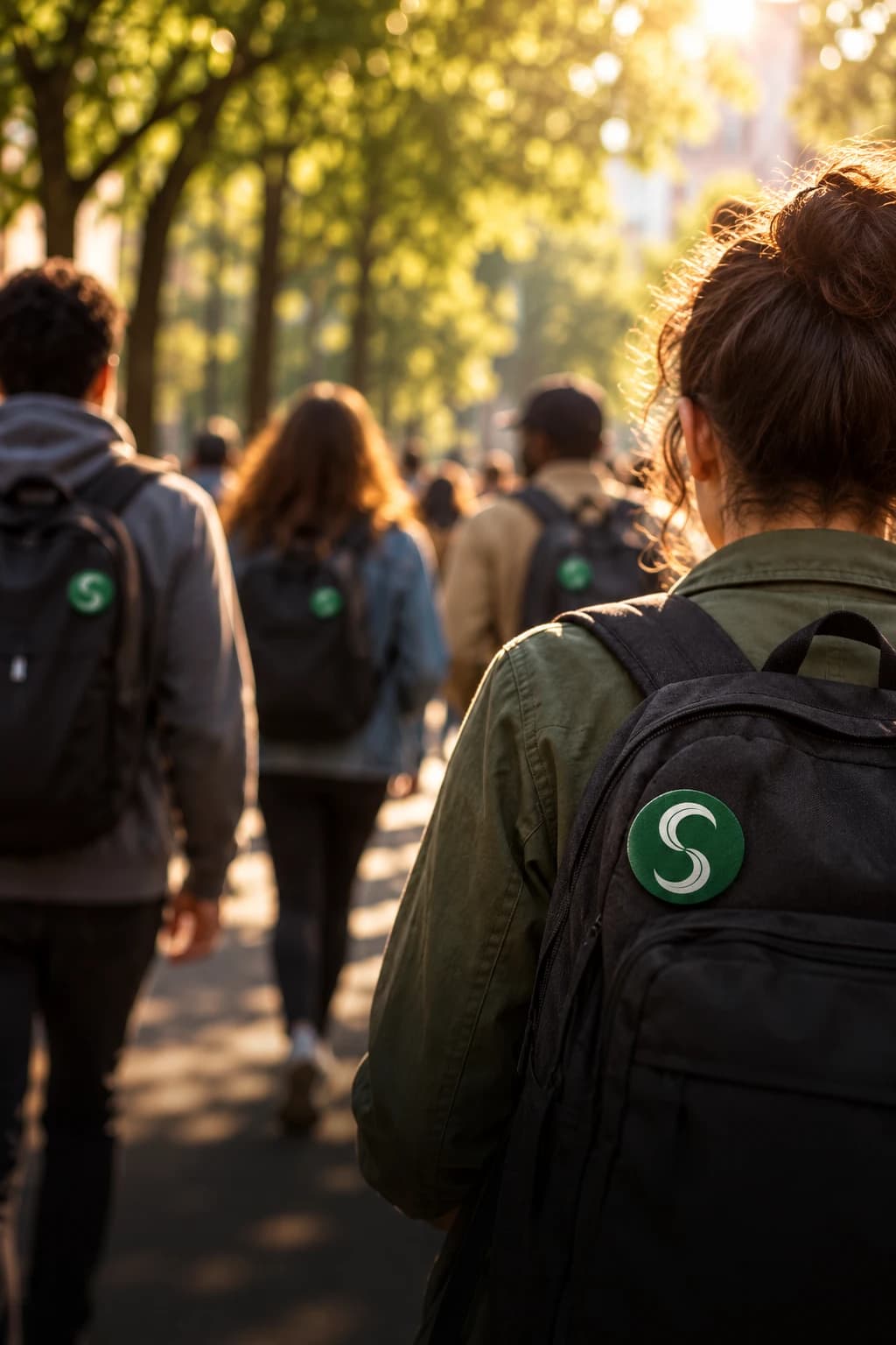 Pessoas caminhando sob as árvores com o broche do Selo Verde nas mochilas