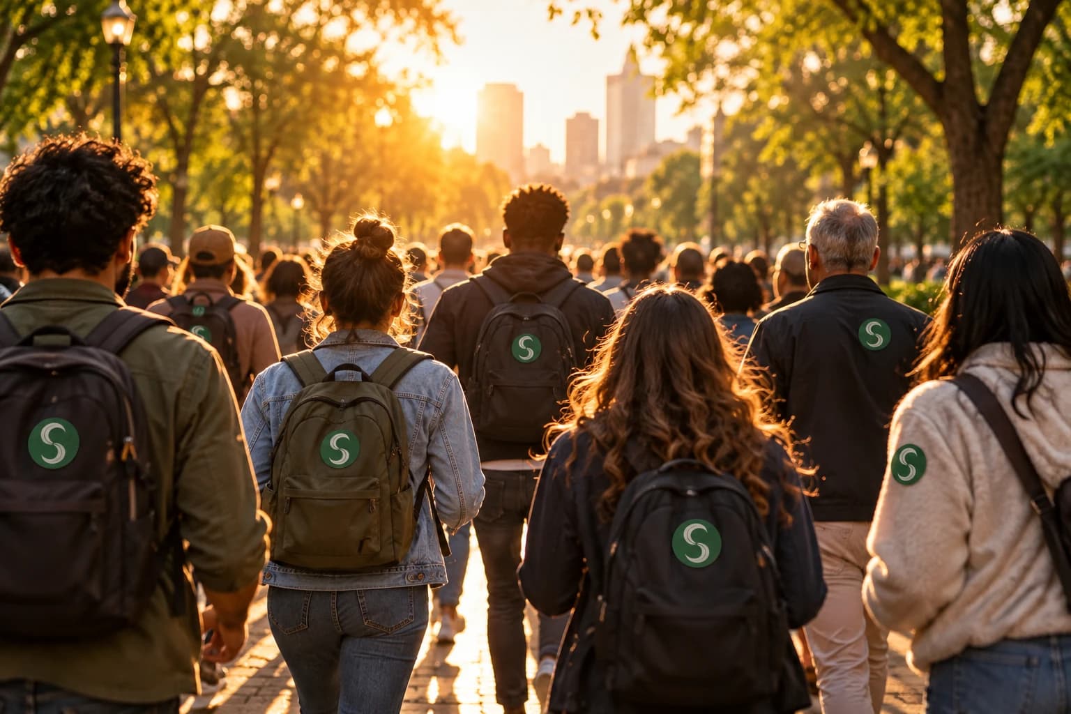 Pessoas caminhando juntas ao pôr do sol, com o símbolo do Selo Verde nas mochilas e roupas