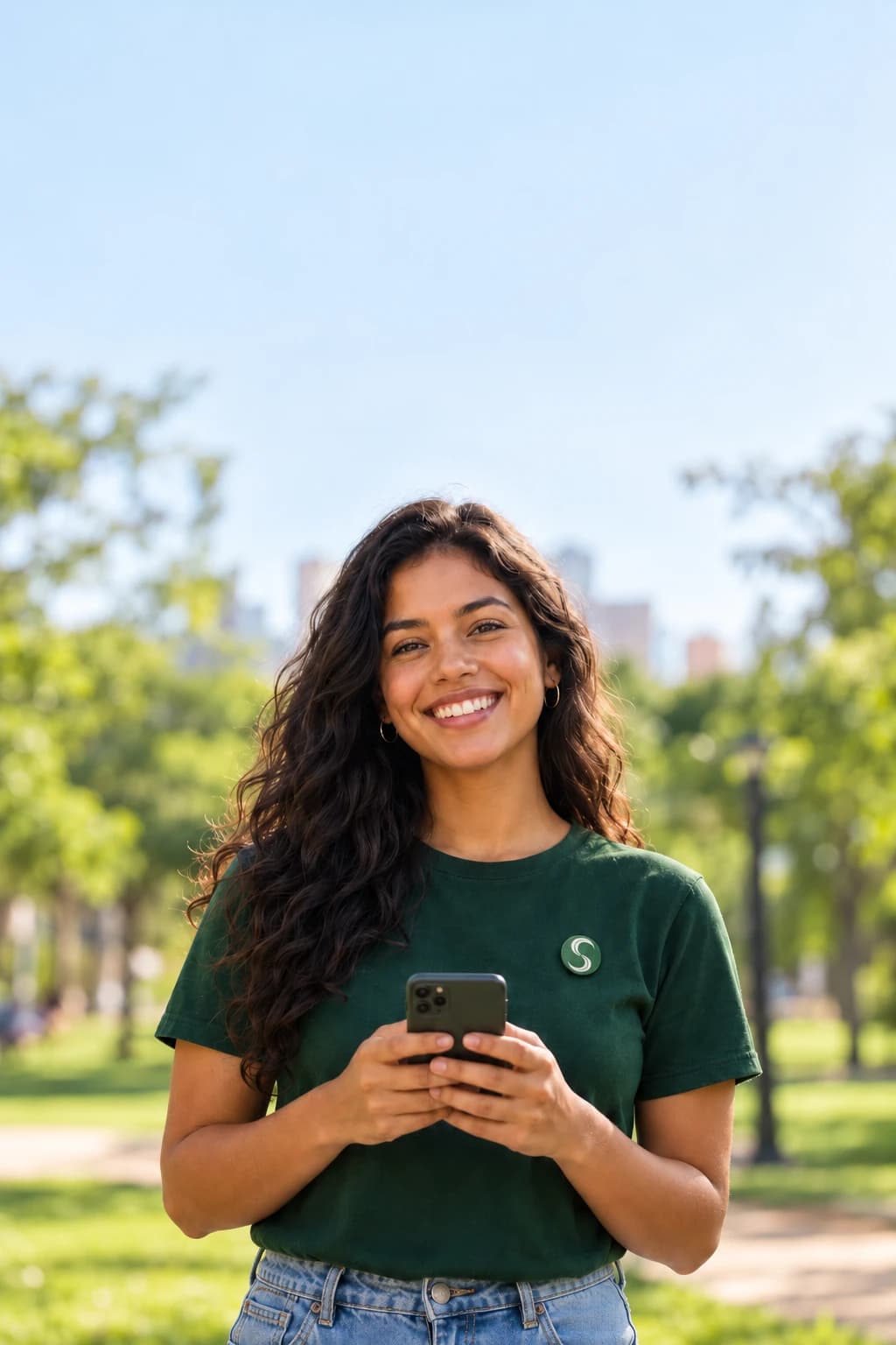 Jovem sorrindo num parque com o celular nas mãos e o broche do Selo Verde